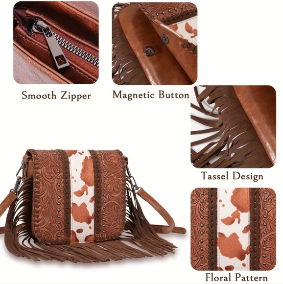 NEW! Brown Animal Print Boho White Cowgirl Fringe Leather Gift Crossbody Bag - Picture 4 of 5